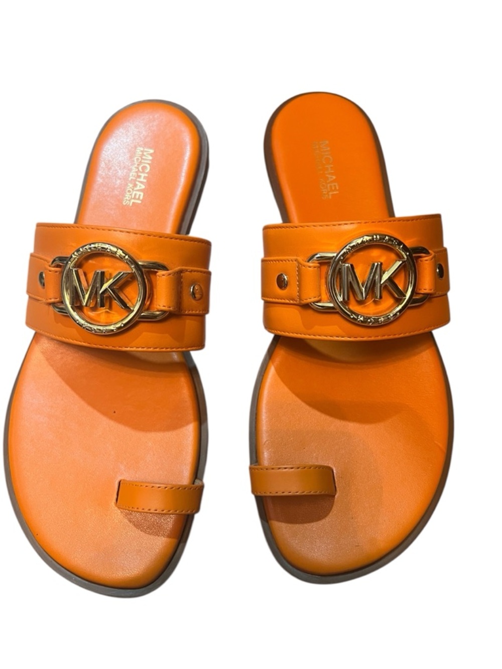 Michael Kors Orange Leather MK Circle Logo Toe Loop Slides